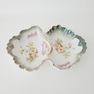 Vintage German Dual Serving Dish, Elegant Multicolor Roses, Moss Green Trim & Gold Handle Vintage Housewarming Gift, Victorian Kitchen Dish
