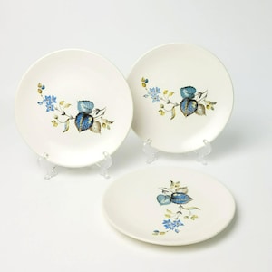 May include: Three white ceramic plates with a floral design. Each plate features a blue, green, and brown botanical illustration. The plates are displayed on clear plastic stands against a white background.
