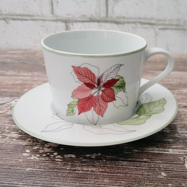 Block Spal Poinsettia Teacup/Coffee Cup & Saucer |  Christmas Dishes |  Watercolors | Made in Portugal | Vintage 1982 | Excellent Condition