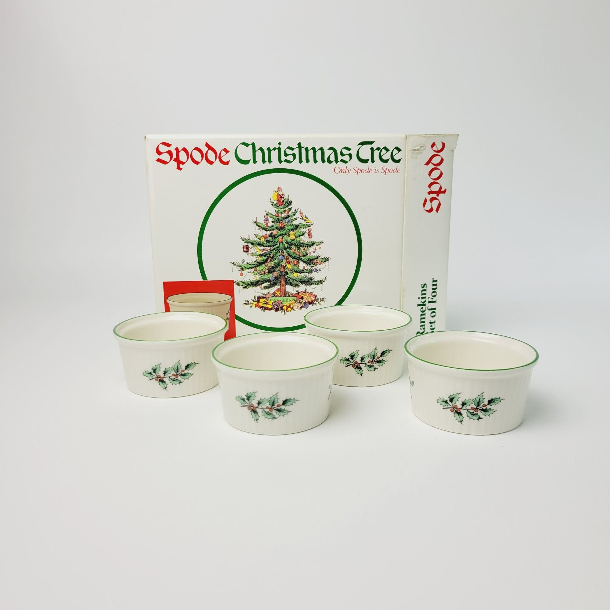 Spode Christmas Tree Ramekin Bowl Set of 4 Thin Green Trim Holly Ribbed England Made Oven to Table Classic Christmas Dinnerware Etsy
