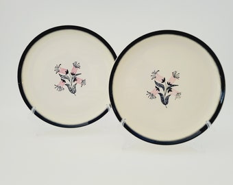 Stetson Potteries Fuchsia Pink & Black Dinner Plates (2) c1960s, CRAZING Pink Floral, Fading Black Edge, Retro Mid Century Modern Dinnerware