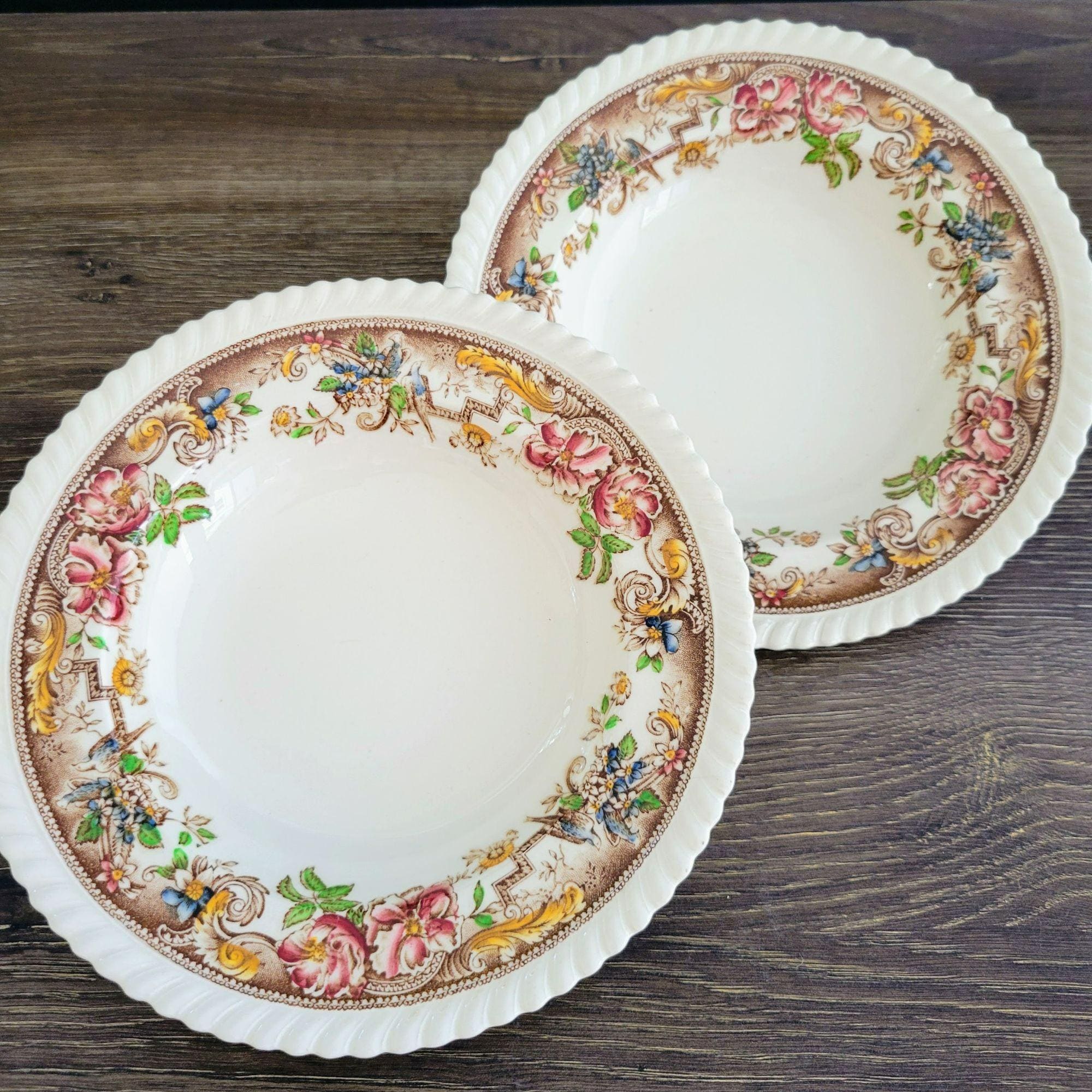 Vintage Johnson Bros Devonshire Brown Rimmed Soup Bowl Set of 2