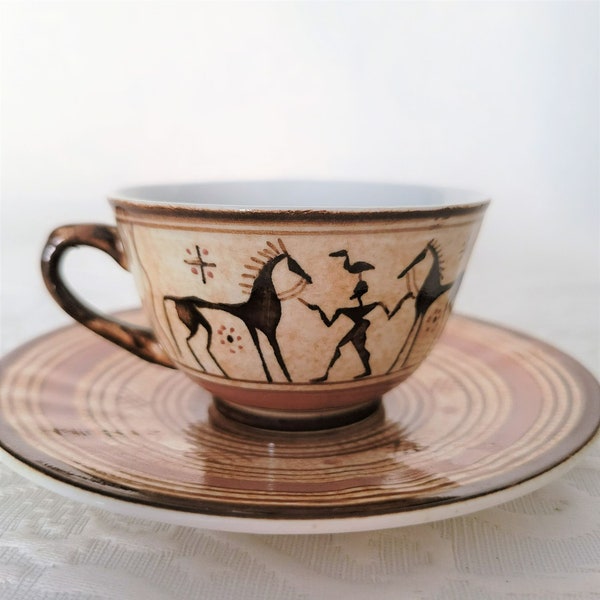 Vintage Keramikos Athens-Greece Demitasse Teacup & Saucer in shades of Brown Depicting Greek Art; in Great Condition
