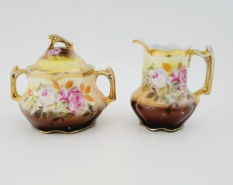 Rare Antique German Hand Painted Floral Creamer & Sugar Bowl, Brown Yellow Gold Edging Rose Design, Oscar Schlegelmilch 1904-1914, Tea Gift