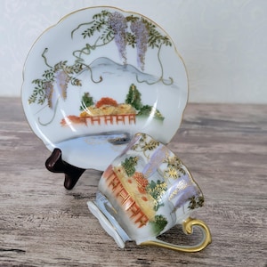 Vintage Hand Painted Demitasse Cup and Saucer, Asian Landscape of Mountain Range and Lake Gold Accents, Made in Occupied Japan c.1940s