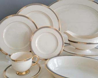 Vintage Lenox McKinley Dishes, Presidential Collection, Elegant Ivory Color with Gray Band & Enameled Dots, Gold Trim, Dining and Serving