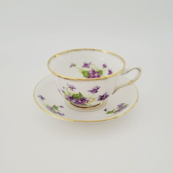 T.F.&S. Ltd Phoenix Violets Teacup and Saucer, Heavy Gold Trim, Purple Violets, c.1950s, Thomas Forester and Sons England, Vintage Tea Gift