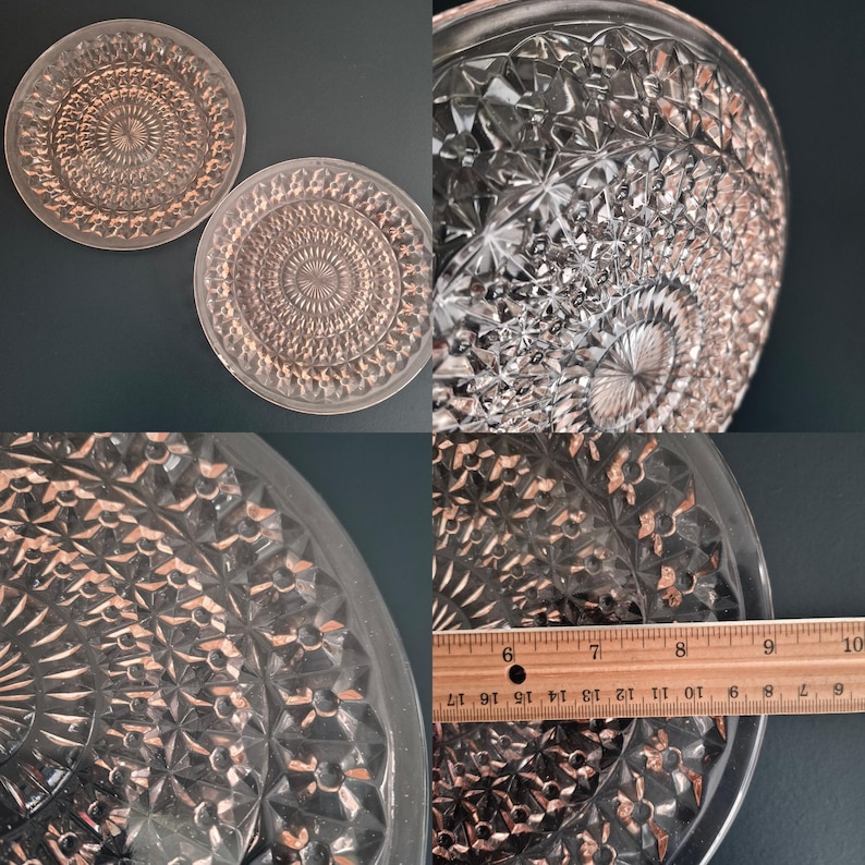K&ouml;nnte beinhalten: Eine Collage von Bildern, die klare Glasplatten und eine Sch&uuml;ssel mit komplizierten, geometrischen Mustern zeigen. Die Teller haben ein zentrales kreisf&ouml;rmiges Design. Ein Lineal zeigt ein Ma&szlig; von etwa 23 cm.