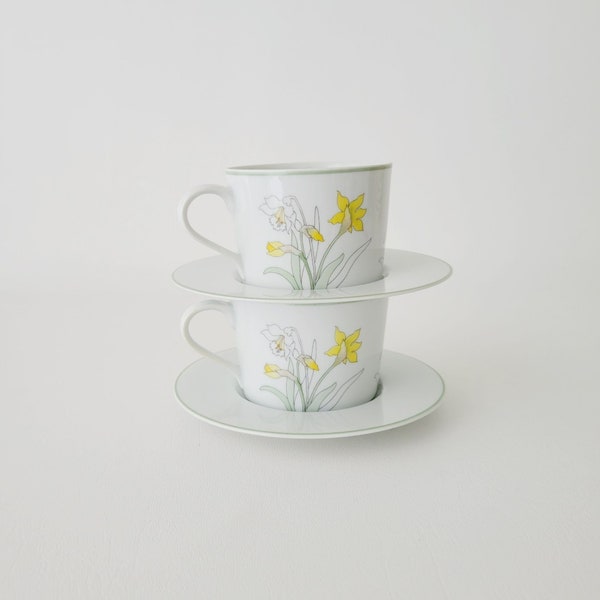 Block Spal Daffodil Cup & Saucers (2), 1983 Watercolors by Mary Lou Goertzen, Made in Portugal, Tea Party Garden Dishes, Wedding Shower Gift