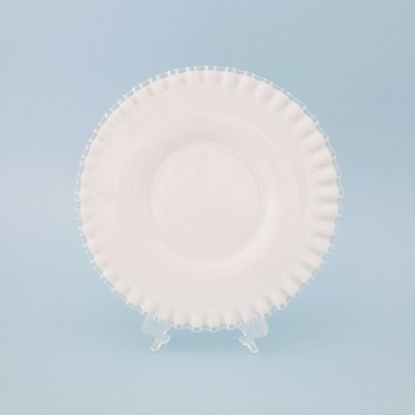 Fenton Silver Crest Salad Plate, Clear Over White Milk Glass, Crimped Edging, Vintage c.1942-86, Elegant Wedding or Shower Dinnerware Decor
