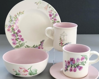 Pfaltzgraff Cape May Stoneware Dishes, Purple Foxglove Floral Dinnerware, USA Made c.1998-2001, Bowls, Plates, Coffee Mugs