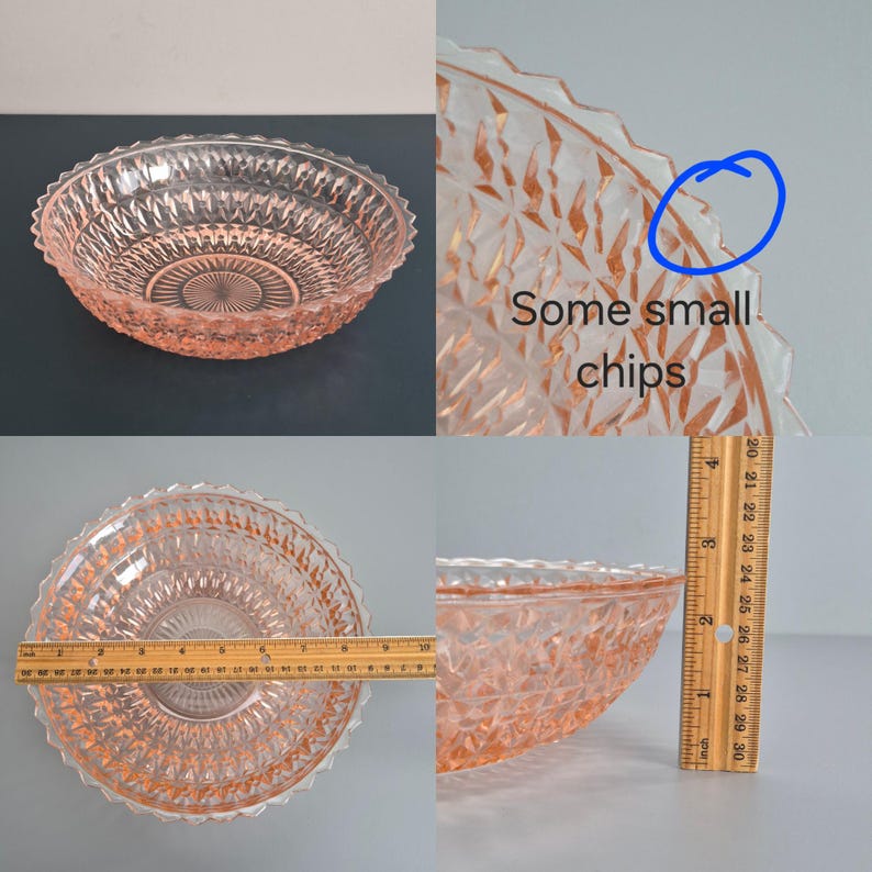 K&ouml;nnte beinhalten: Rosa Glasschale mit Rautenmuster und gewelltem Rand. Die Schale hat einen Durchmesser von ca. 25 cm und ist 7,6 cm hoch. Das Bild zeigt einige kleine Chips am Rand.