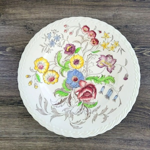 Vintage Vernon Kilns May Flowers 13" Round Serving Platter, c.1942-53 USA, Embossed Edge, Multicolor Floral Bouquet