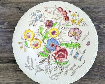 Vintage Vernon Kilns May Flowers 13" Round Serving Platter, c.1942-53 USA, Embossed Edge, Multicolor Floral Bouquet