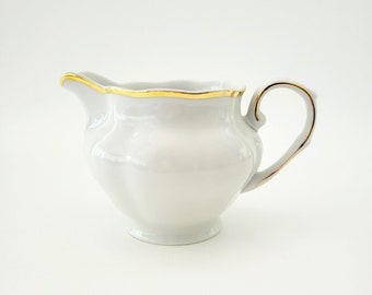 Favolina-Karolina Golden Wedding Creamer Pitcher, Bright White, Sculpted with Thick Gold Trim, Made in Poland, 12fl. oz., Elegant Tea Decor