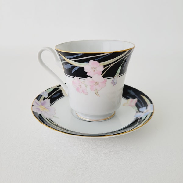Mikasa Charisma Black Footed Teacup & Saucer, 1980s Black and White with Pink and Blue Floral Design, Retro Dishes, Fun 1980s Cup and Saucer