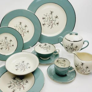Vintage Lenox Kingsley Dishes, Floral Center, Teal Band, Platinum Trim, c.1954-79 USA, Luxury Discontinued Replacement China