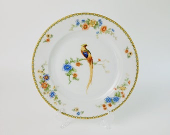 Golden Pheasant SALAD Plate by MZ Altrohlau CM-R, Orange & Blue Floral and Bird Design, Vintage c.1910s Czechoslovakia Porcelain Dinnerware