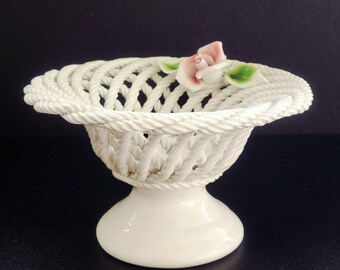 Vintage Capodimonte Compote Fine Art Ceramic Wicker Basket With Pink Rose & Green Leaves, Open Rope Weave, Hand Painted and Made in Italy