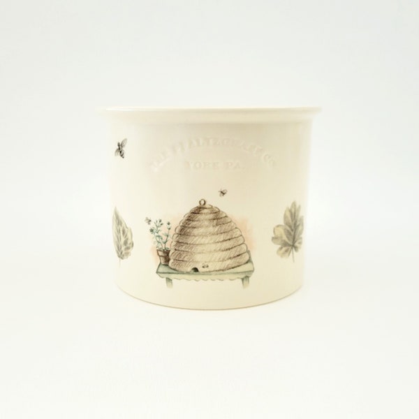 Pfaltzgraff Naturewood Beehive Crock Utensil Holder or Planter, Cream Base, Bees, Bird House & Leaves, Vintage late 1990s Stoneware USA Made