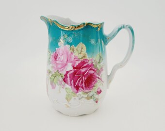 pichet vintage rose sarcelle et rose, peint à la main en relief et bordure dorée, 32fl. onces Pichet de style bavarois, vase de fleurs vintage, cadeau pour la maison