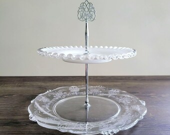 Mismatched Vintage 2-tiered Glass Dessert Stand, Fenton Silver