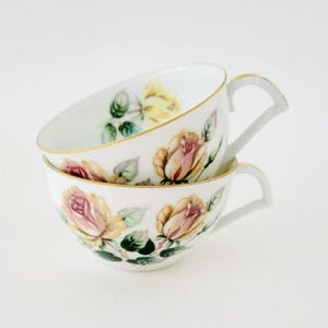 Vintage Narumi Kent Yellow Rose Teacups (2) Trio Pattern Made in Japan, Gold Trim, Yellow/Peach/Pink Rose Cups, Garden Tea Party Decor