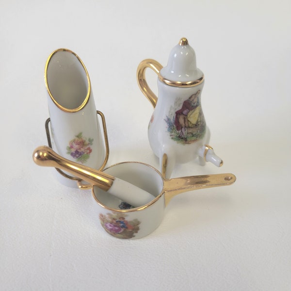 Limoges France Courting Couple Miniatures, Coffee Pot, Pan, Water Pitcher/Bucket, Made in France, Gold Trim, French Dollhouse Miniatures