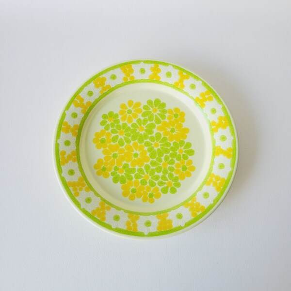 Vintage Franciscan Picnic Earthenware Green & Yellow Floral Dinner Plate, 1974-75, California USA, Retro 1970s Plates, Flower Child Dishes