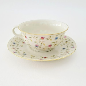 Vintage Bavaria Elfenbein Chintz Floral Teacup & Saucer - Off White Base with Dainty Pink Blue Gold German Porcelain Tea Gift