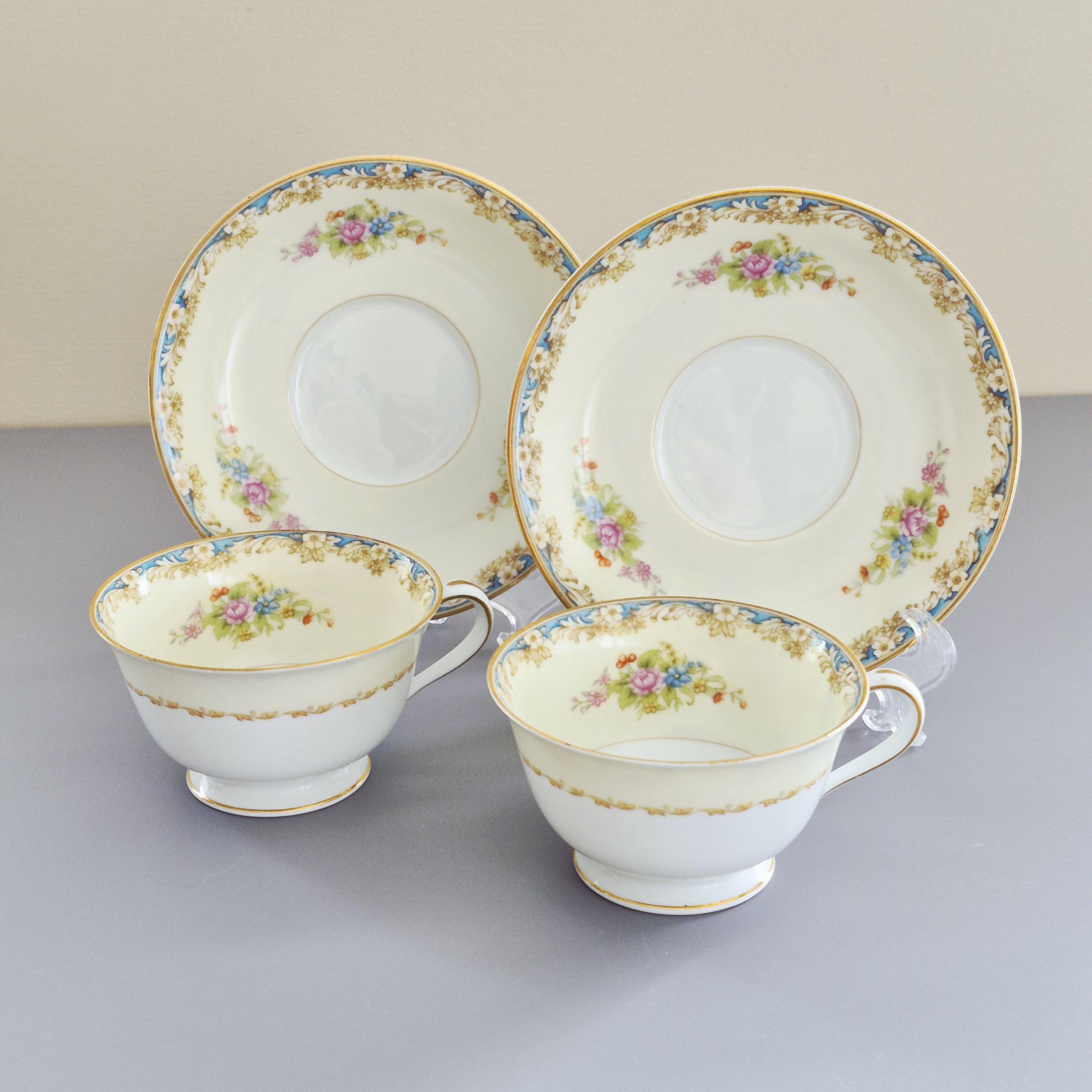 Vintage 1940s Noritake Floral Dinnerware, Cream and Blue, Floral