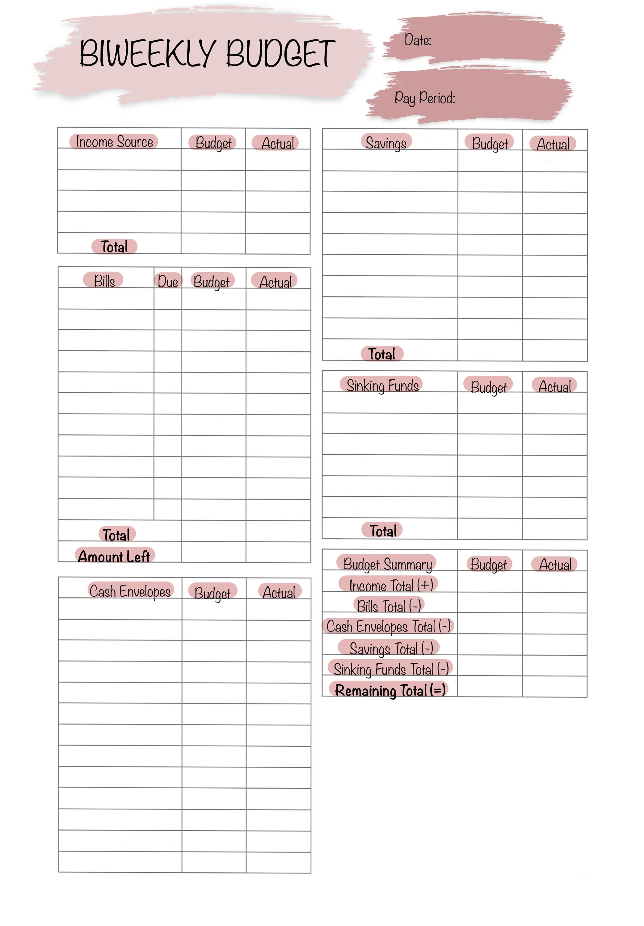 Pink Printable And Digital Biweekly Budget Planner Cash Envelopes 