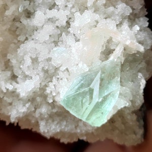 Könnte beinhalten: Nahaufnahme eines grünen Kristalls, der in eine weiße, kristalline Matrix eingebettet ist. Der Kristall ist klar und hat einen leichten Grünstich. Die Matrix ist rau und strukturiert.