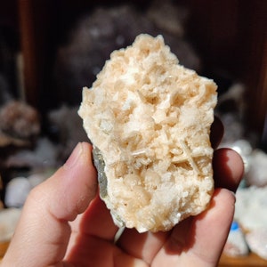 Könnte beinhalten: Nahaufnahme eines hellbraunen und weißen Kristalls mit einer rauen, strukturierten Oberfläche. Der Kristall wird in einer Hand gehalten.