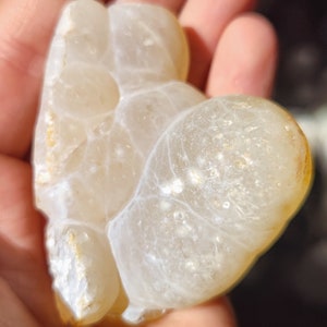 Może przedstawiać: Biały agat w kształcie serca o gładkiej, wypolerowanej powierzchni. Kamień ma naturalny, organiczny wz&oacute;r białych i jasnobrązowych żyłek.