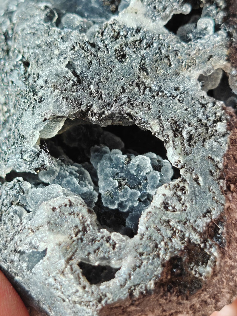 May include: A close-up of a gray and black rock with a cavity filled with small, blue crystals.