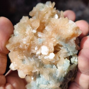 Könnte beinhalten: Ein Cluster aus hellbraunen und weißen Kristallen mit einer grünen Basis. Die Kristalle sind in einem Cluster angeordnet und haben eine raue, natürliche Textur.