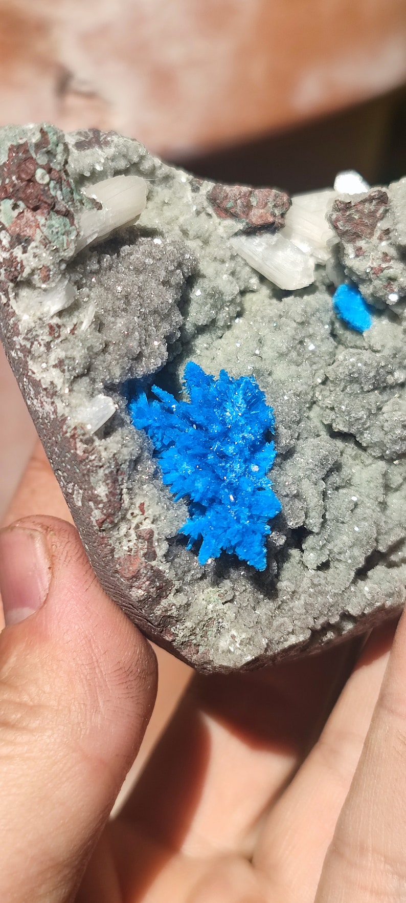 May include: A close-up of a blue mineral specimen with a crystal formation. The mineral is embedded in a gray rock with white and brown accents.
