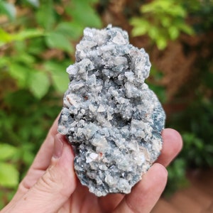 May include: A cluster of light blue and white crystals with a rough, natural texture. The crystals are arranged in a random, organic pattern, creating a unique and interesting piece.