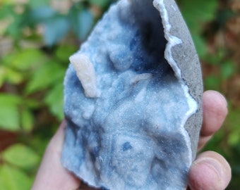 Blue Chalcedony Geode with Calcite Crystal