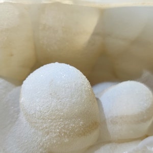 May include: A close-up of a white agate geode with a smooth, textured surface. The geode is open, revealing a cluster of white, round, crystal formations inside.