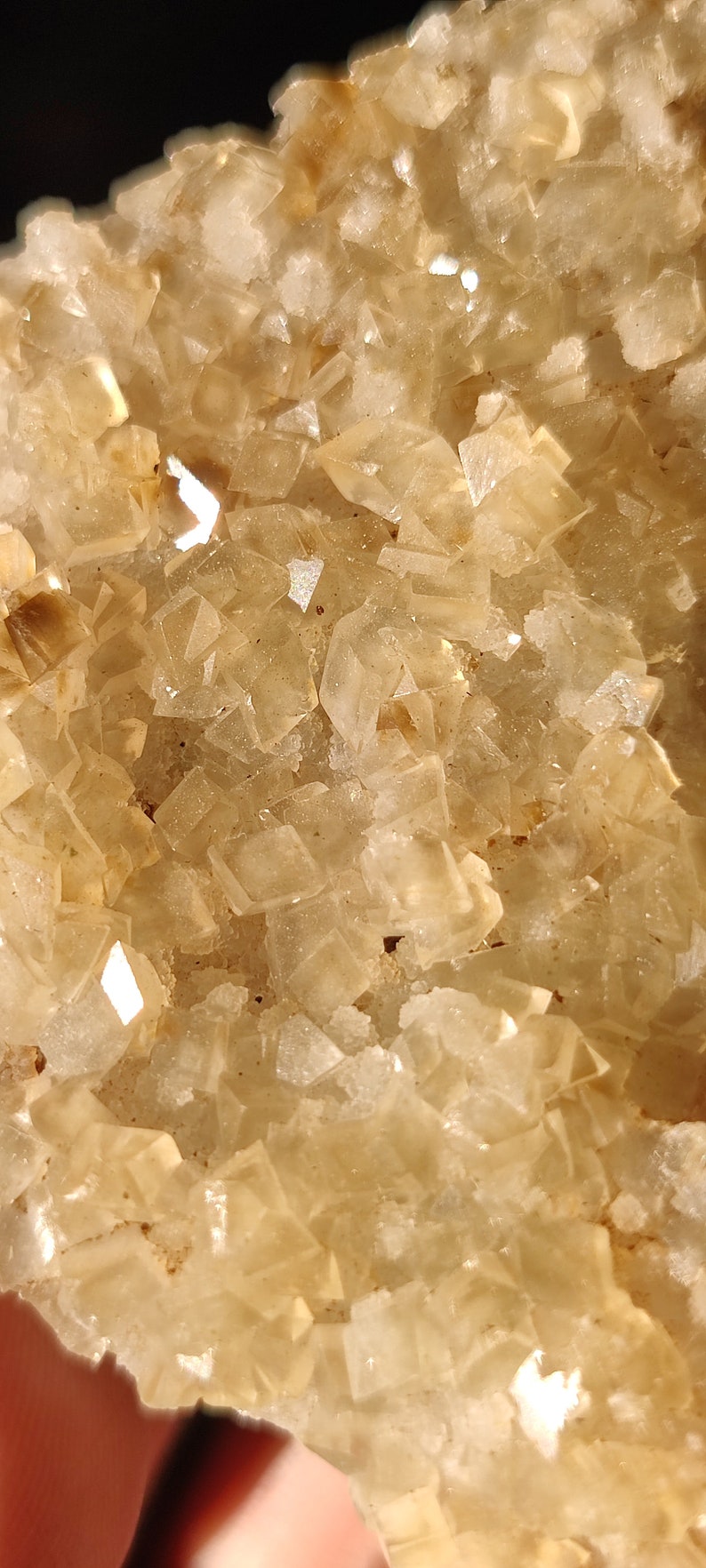 Pu&ograve; includere: Primo piano di un gruppo di piccoli cristalli traslucidi di colore marrone chiaro. I cristalli hanno una superficie ruvida e testurizzata e sono disposti in uno schema casuale.