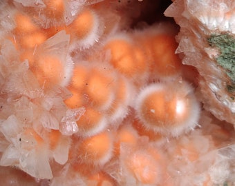 1.3kg Orange mesolites on matrix with pink heulandite crystals, A+