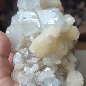 Könnte beinhalten: Ein Cluster aus weißen und hellgelben Kristallen mit einem glasartigen, durchscheinenden Aussehen. Die Kristalle sind in einem zufälligen, organischen Muster angeordnet, was ein visuell interessantes und einzigartiges Stück ergibt.