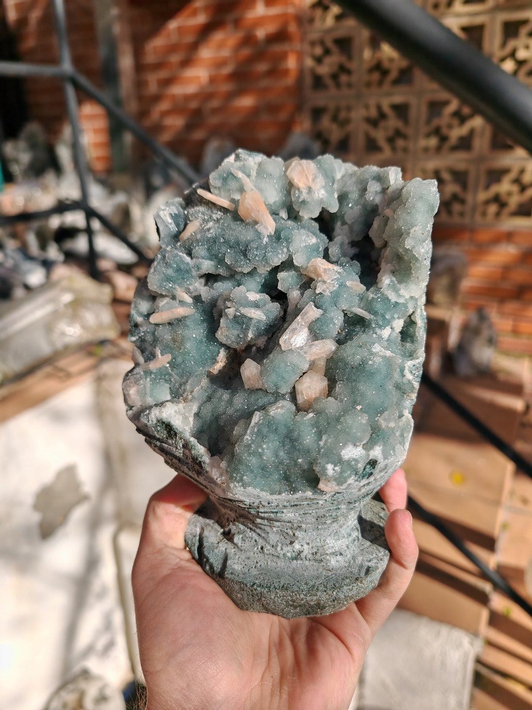 2.6kg Large Bright Blue Chalcedony Geode With Multiple Peach Stilbite ...