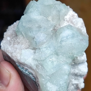 Könnte beinhalten: Ein Cluster aus hellgrünen Fluoritkristallen auf einer weißen Matrix. Die Kristalle sind durchscheinend und haben einen glasartigen Glanz.