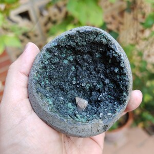May include: A close-up of a geode with a dark grey exterior and a green and black interior. A small, clear crystal is visible inside the geode.