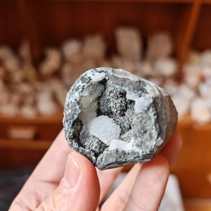 May include: A geode with a dark grey exterior and a hollow interior lined with white crystals.