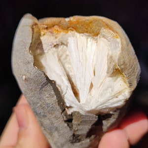 Könnte beinhalten: Nahaufnahme eines Steins mit einem gebrochenen Abschnitt, der einen Cluster weißer Kristalle im Inneren freilegt.