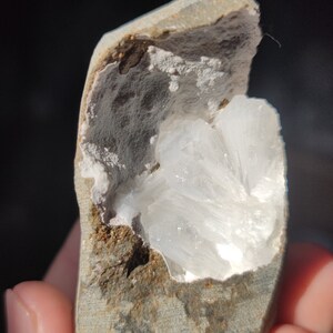 Könnte beinhalten: Nahaufnahme eines Steins mit einer Höhle, die mit weißen, nadelförmigen Kristallen gefüllt ist. Der Stein ist grau und braun mit einer rauen Textur.